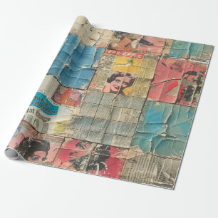 Rustic Vintage Newspaper Patchwork Collage (10) Wrapping Paper