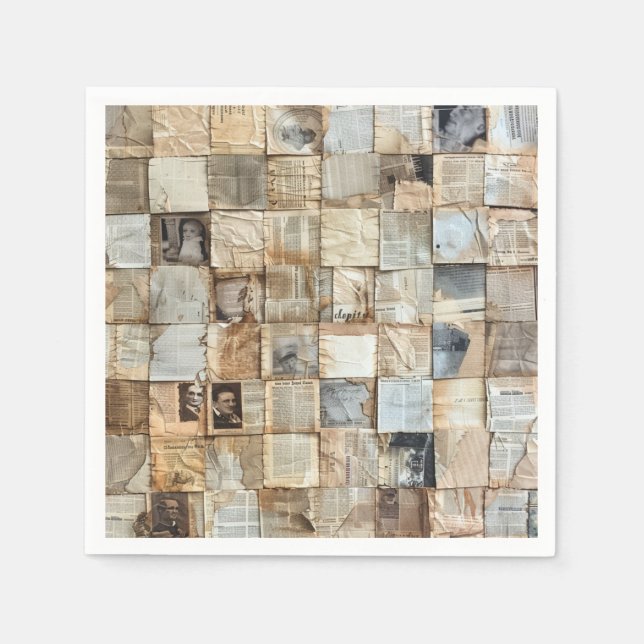 Rustic Vintage Newspaper Patchwork Collage (12) Napkin (Front)