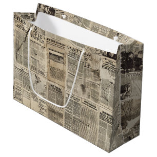 Rustic Vintage Newspaper Patchwork Collage (1) Large Gift Bag