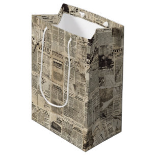 Rustic Vintage Newspaper Patchwork Collage (1) Medium Gift Bag