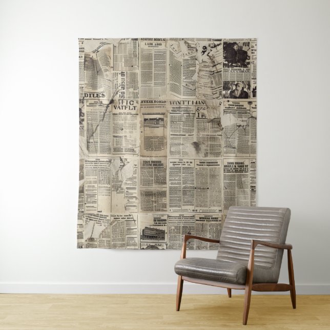 Rustic Vintage Newspaper Patchwork Collage (1) Tapestry (In Situ)