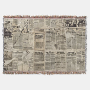 Rustic Vintage Newspaper Patchwork Collage (1) Throw Blanket