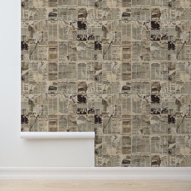 Rustic Vintage Newspaper Patchwork Collage (1) Wallpaper (Application)