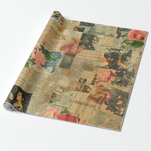 Rustic Vintage Newspaper Patchwork Collage (2) Wrapping Paper