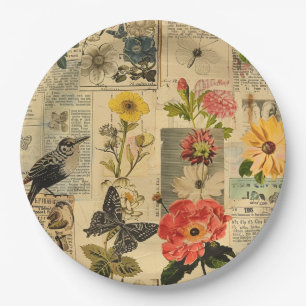 Rustic Vintage Newspaper Patchwork Collage (3) Paper Plate