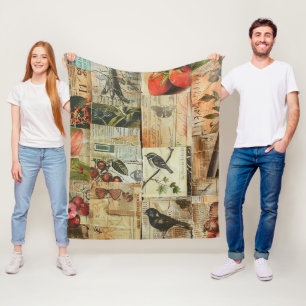 Rustic Vintage Newspaper Patchwork Collage (4) Fleece Blanket