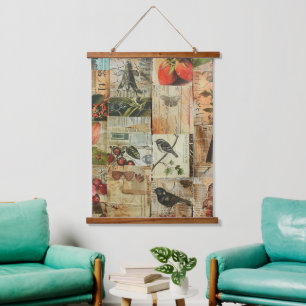 Rustic Vintage Newspaper Patchwork Collage (4) Hanging Tapestry