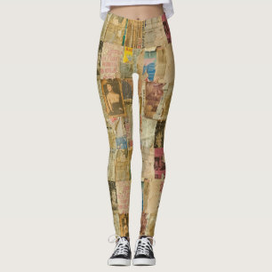 Rustic Vintage Newspaper Patchwork Collage (6) Leggings