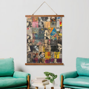 Rustic Vintage Newspaper Patchwork Collage (7) Hanging Tapestry