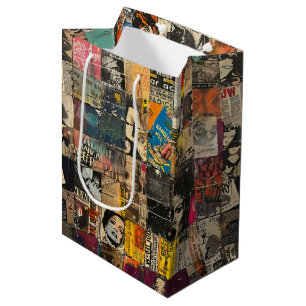 Rustic Vintage Newspaper Patchwork Collage (7) Medium Gift Bag