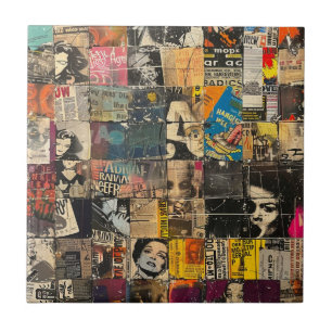Rustic Vintage Newspaper Patchwork Collage (7) Tile