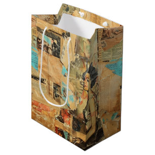 Rustic Vintage Newspaper Patchwork Collage (8) Medium Gift Bag