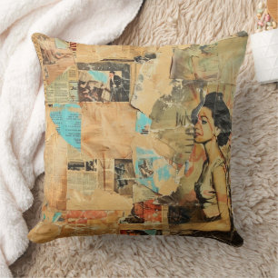 Rustic Vintage Newspaper Patchwork Collage (8) Throw Pillow