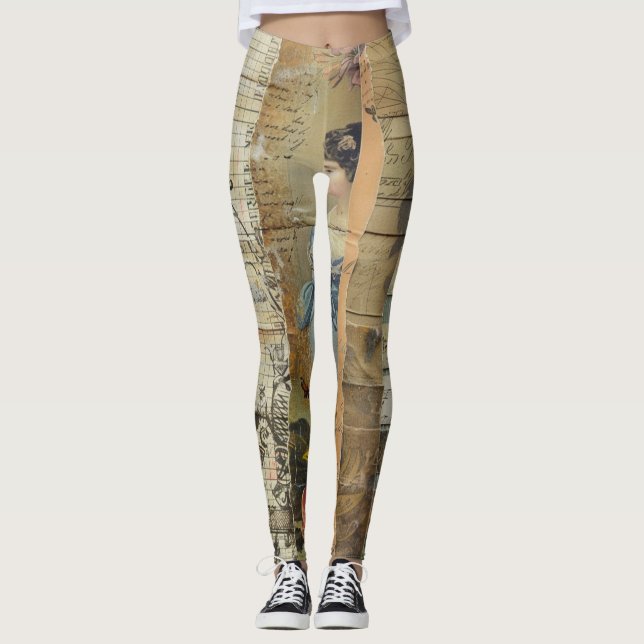 Rustic Vintage Newspaper Patchwork Collage (9) Leggings (Front)
