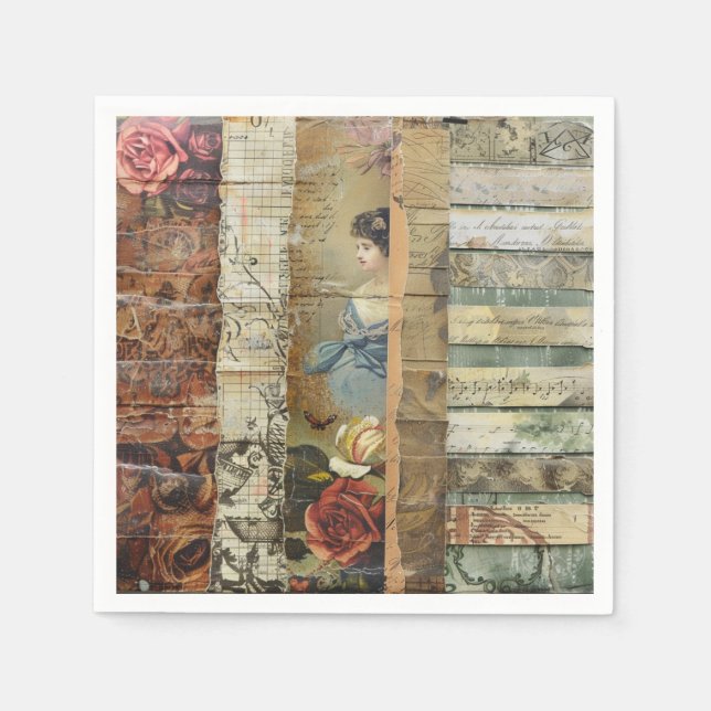 Rustic Vintage Newspaper Patchwork Collage (9) Napkin (Front)