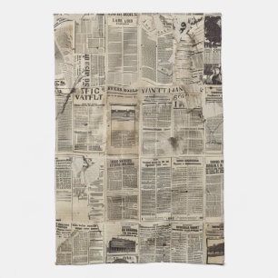Rustic Vintage Newspaper Patchwork Collage Kitchen Towel