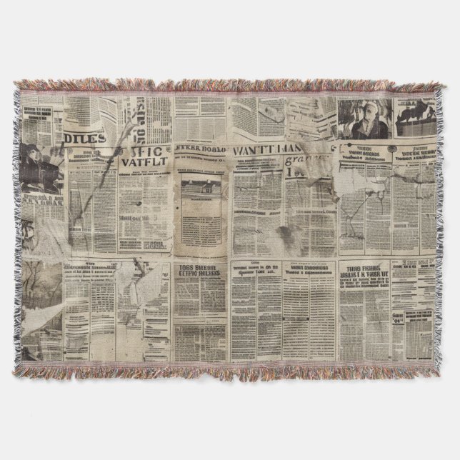 Rustic Vintage Newspaper Patchwork Collage Throw Blanket (Front)