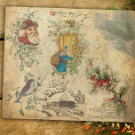 Rustic Vintage Old World Father Christmas w/Pine Wrapping Paper<br><div class="desc">Warm nostalgic and rustic vintage holiday collage featuring old world Father Christmas,  winter pine,  holly,  bird,  engraved homestead and Victorian corner embellishment on distressed grungy antique brown/tan background. Suitable for Christmas decoupage or crafting projects.</div>