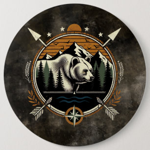 Rustic, vintage outdoorsman bear mountain 6 inch round button