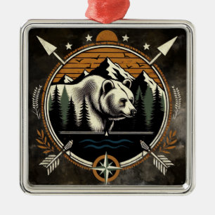 Rustic, vintage outdoorsman bear mountain metal ornament