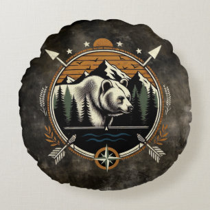 Rustic, vintage outdoorsman bear mountain round pillow