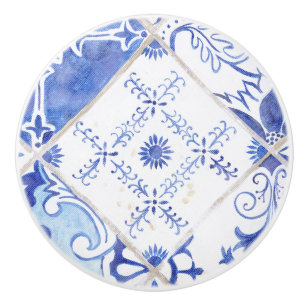 Rustic Vintage Painted Farmhouse Blue White Tiles Ceramic Knob
