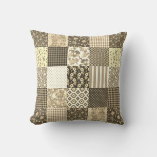 Rustic Vintage Patchwork Beige Brown Quilt Pattern Throw Pillow