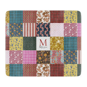 Rustic Vintage Patchwork Quilt Pattern Monogram Cutting Board