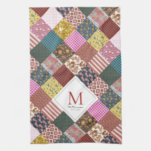 Rustic Vintage Patchwork Quilt Pattern Monogram Kitchen Towel