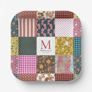 Rustic Vintage Patchwork Quilt Pattern Monogram Paper Plate