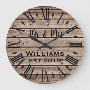 Rustic Vintage Personalized Brown Wood Custom Lar Large Clock
