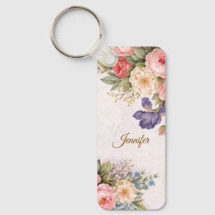Rustic Vintage Personalized Floral Rose Design     Keychain