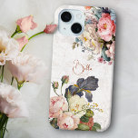 Rustic Vintage Personalized Roses & Iris  iPhone 15 Case<br><div class="desc">Beautiful,  timeless and elegant sprays of artistic pink and white roses,  peonies and purple bearded iris with delicate foliage. Includes an editable text field for your personalization and lightly distressed antique white texture background.</div>