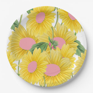 Rustic Vintage Pink Large Sunflowers Modern White Paper Plate
