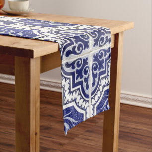 Rustic Vintage Portuguese Tiles Pattern - Azulejo Medium Table Runner