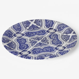 Rustic Vintage Portuguese Tiles Pattern - Azulejo Paper Plate