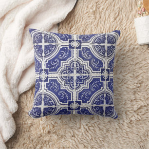 Rustic Vintage Portuguese Tiles Pattern - Azulejo Throw Pillow