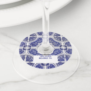 Rustic Vintage Portuguese Tiles Pattern - Azulejo Wine Glass Tag