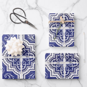 Rustic Vintage Portuguese Tiles Pattern - Azulejo Wrapping Paper Sheet