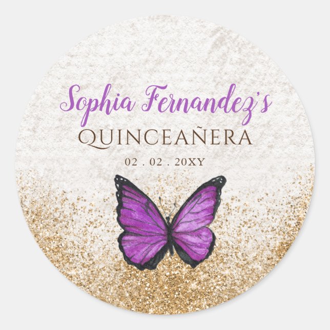 Rustic Vintage Purple Gold Butterfly Classic Round Sticker (Front)