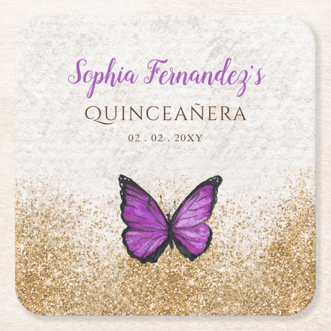 Rustic Vintage Purple Gold Butterfly   Square Paper Coaster (Front)