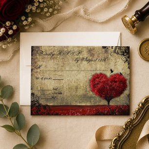 Rustic Vintage Red Heart Tree and Birds RSVP Card