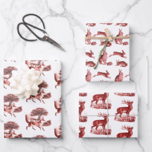 Rustic Vintage Red Toile Deer Fox Hare Rabbit Wrapping Paper Sheet