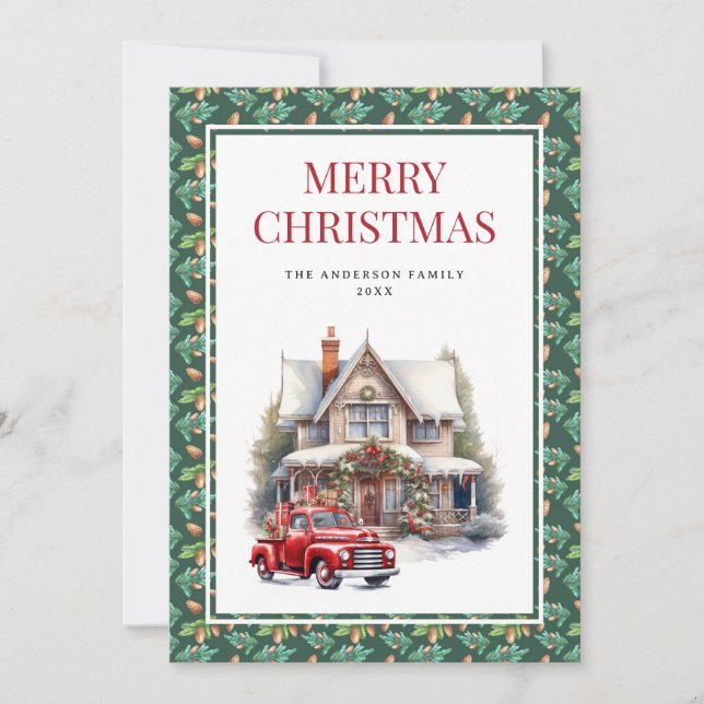 Rustic Vintage Red Truck Merry Christmas Holiday Card (Front)