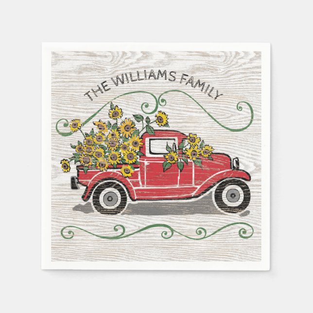 Rustic Vintage Red Truck Sunflowers Monogram Napkin (Front)