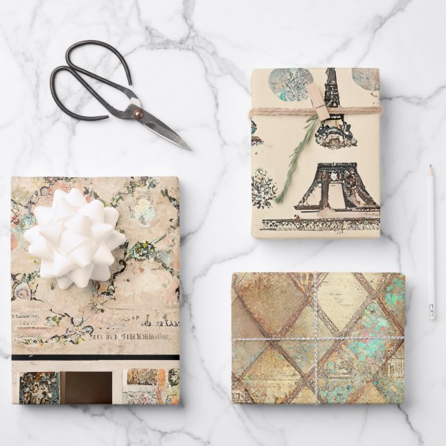 Rustic Vintage Romantic Paris Wrapping Paper Sheet (Front)