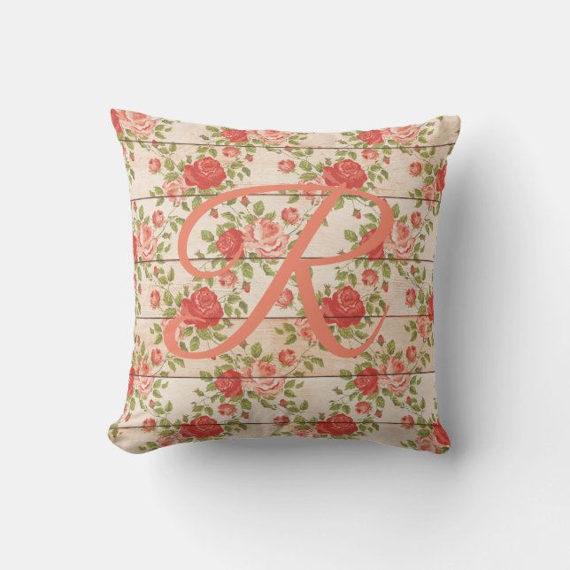 Rustic Vintage Roses Monogram Throw Pillow (Front)
