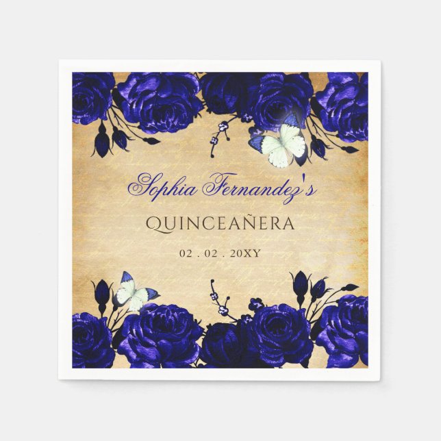 Rustic Vintage Royal Blue Floral Butterfly   Napkin (Front)