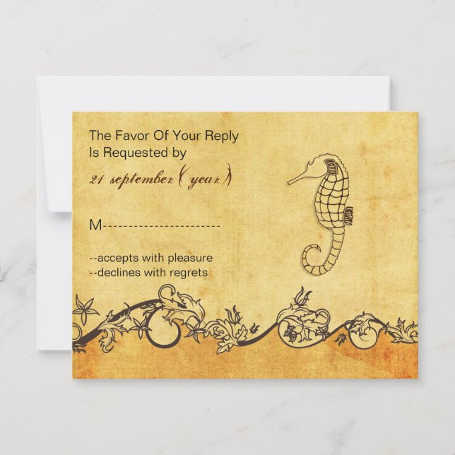 rustic, vintage ,seahorse beach wedding rsvp (Front)