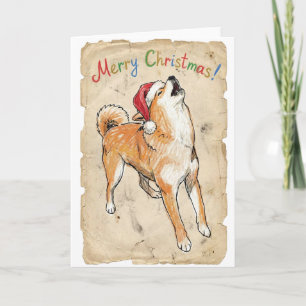 Rustic Vintage Sketch Shiba Inu Christmas Dog Art Card